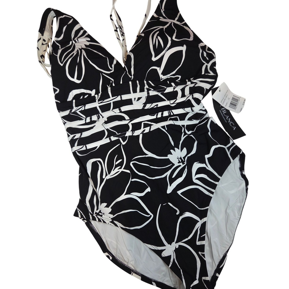 La Blanca One Piece Women 12 Black Floral Tummy Control Crisscross Strap 856 NWT - Picture 2 of 14